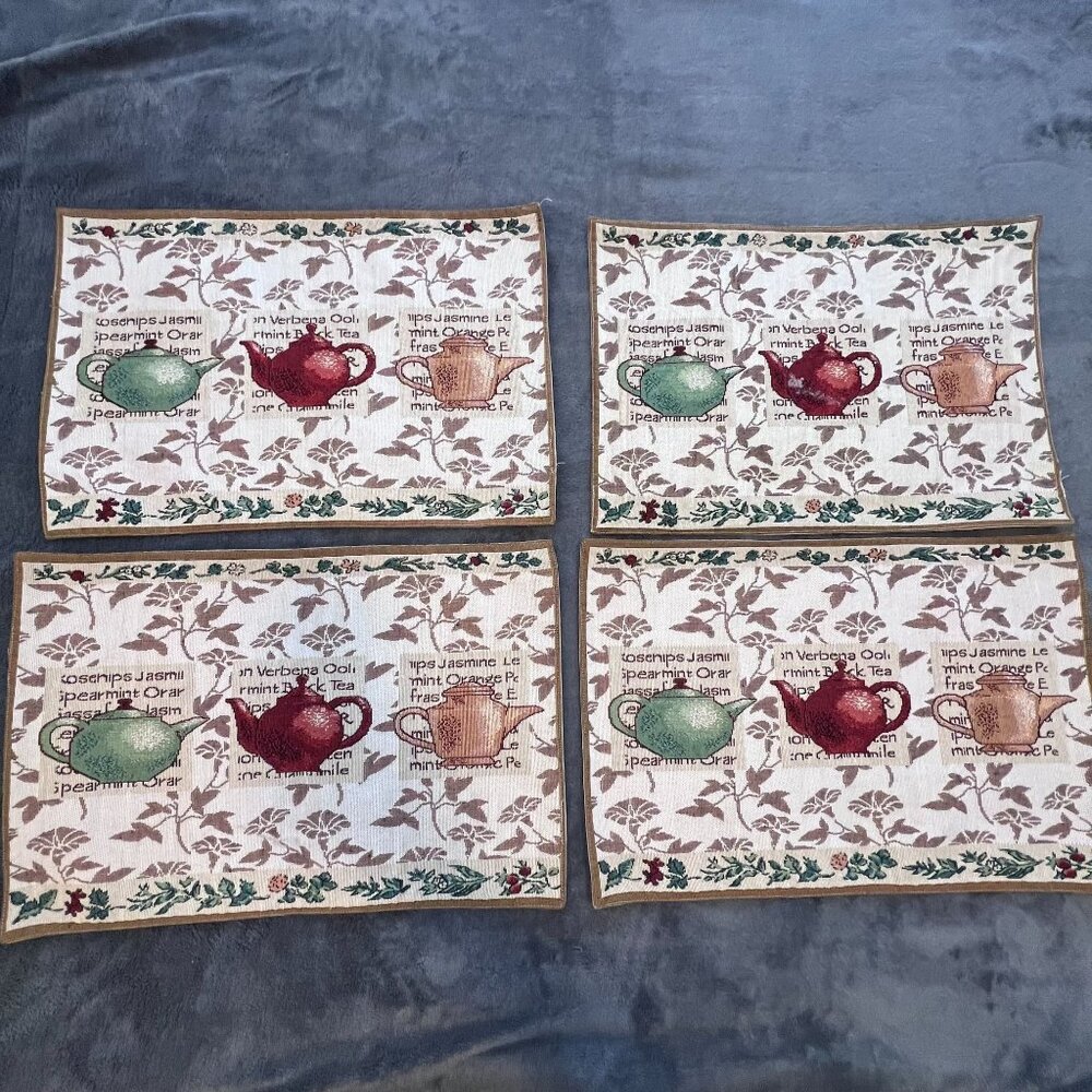 Set Of‎ 4 Vintage Teapot Tapestry Placemats With Herb Motifs Cottagecore